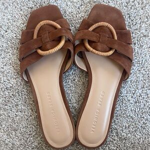 Veronica Beard Brown Suede Mules with Woven Accent